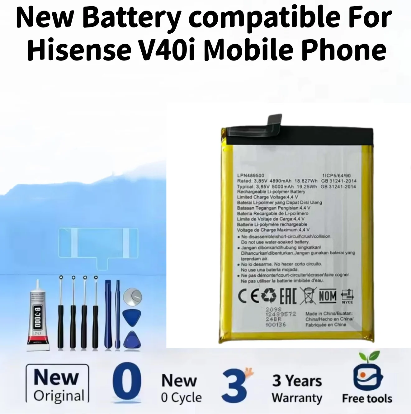 Nueva batería compatible con teléfono móvil Hisense V40i, 3,85 V, 19,25 Wh, 5000 mAh, LPN489500, baterías + herramientas gratuitas