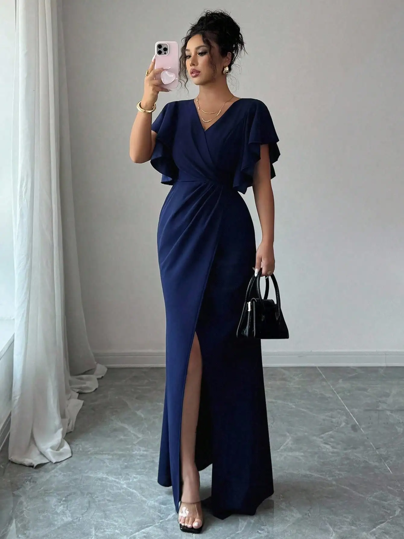

Navy Blue V-Neck Ruffled Sleeve Maxi Dress with Side Slit and Fitted Waist