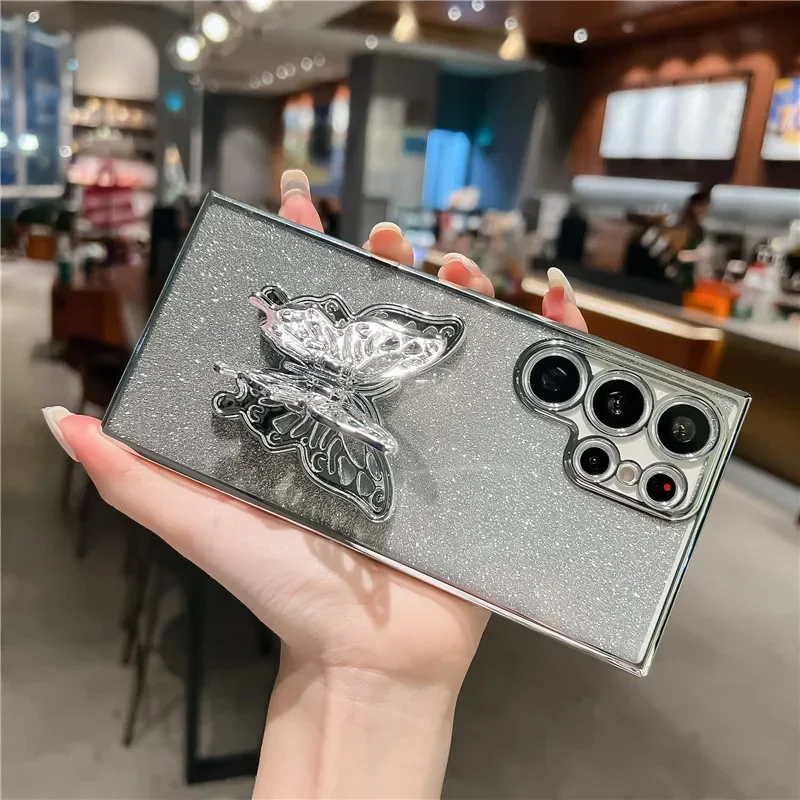 Luxury Butterfly Phone Holder Glitter Plating Case For Samsung S24 Plus S23 FE S22 Note 20 Ultra S21 S20 S10 S9 Plus Back Cover