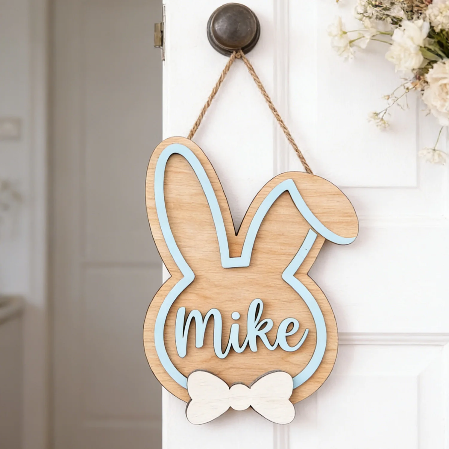 1pc rabbit shaped wooden surname brand, double-layer customized label, personalized decoration gift, home wall decoration