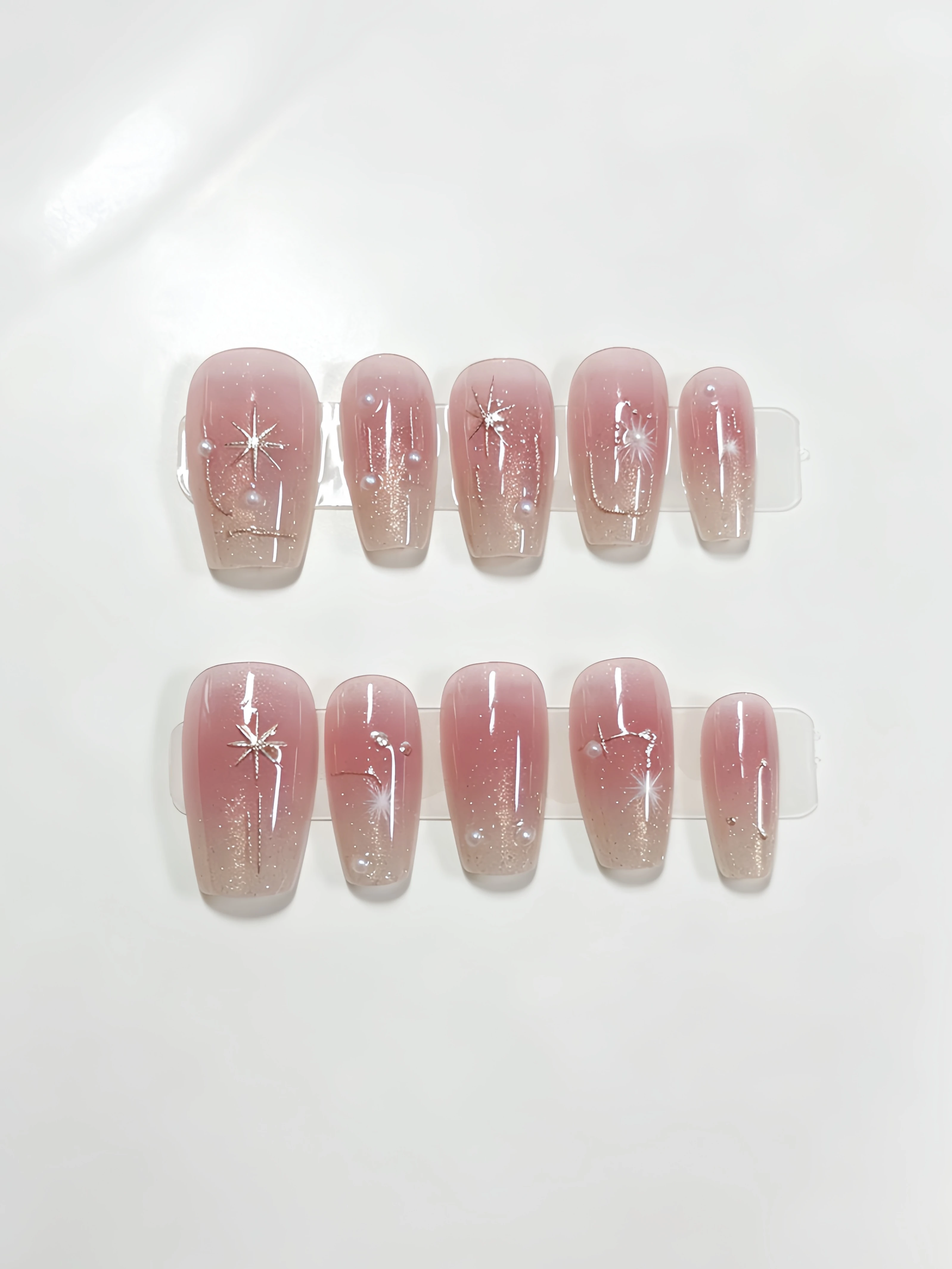 10-Piece Set of Medium-Length Trapezoidal Press-On Nails, Pink and Gold Gradient Starry Pearls, Gentle and Atmospheric Feel, Reusable Fake Nails, Ins-Style Light Luxury Fairy Handmade Nail Patches