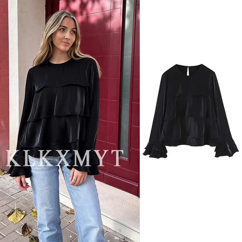 Damska satynowa bluzka 2025, damska, jesienna, nowa moda, dekolt okrągły, długi rękaw, falbana na dole, koszula damska, styl high street, luźne topy.
