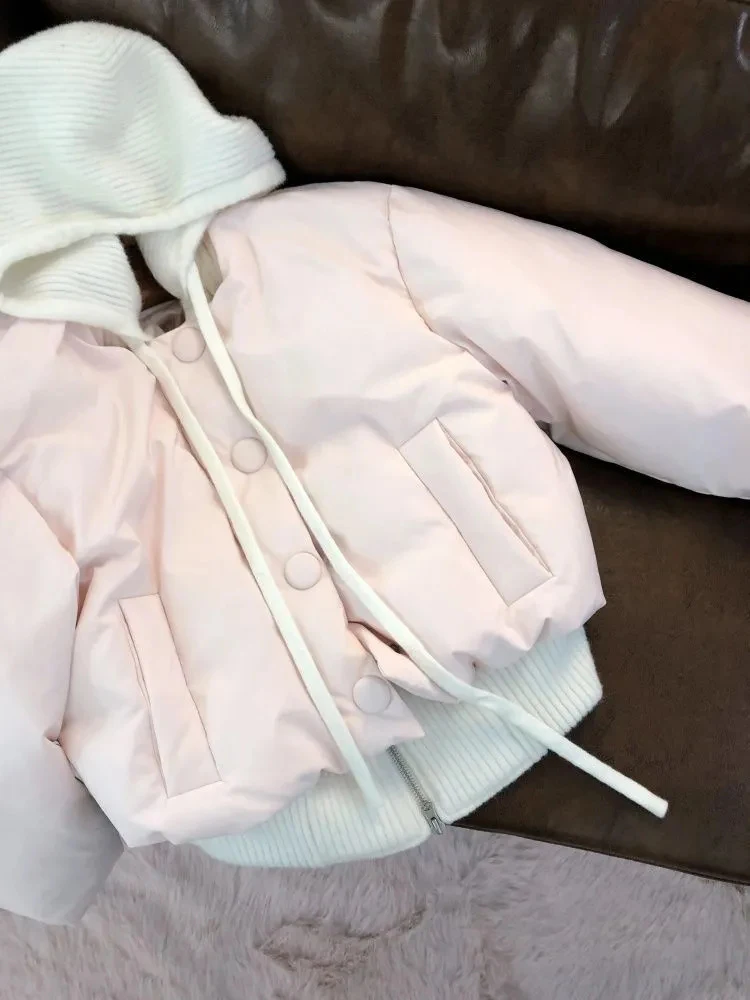 Korean Sweet Hooded Parkas Women Winter Cute Fake Two Piece Patchwork Puffy Coats Pink Zipper Lace Up Chic Warm Preppy Outwear