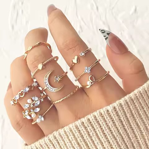 Rings Set Boho Gold Color Heart for Women Cubic Zirconia Star Moon Arrow Flower Finger Rings Female Trendy Wedding Jewelry Gift