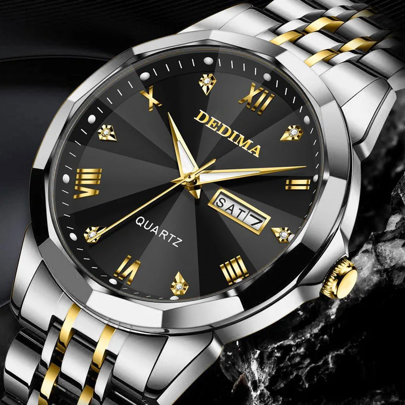Luxury Men's Quartz Watch Dual Calendar Male Business Wristwatch Diamond Studded Solid Steel Band Butterfly Clasp Trendy Casual