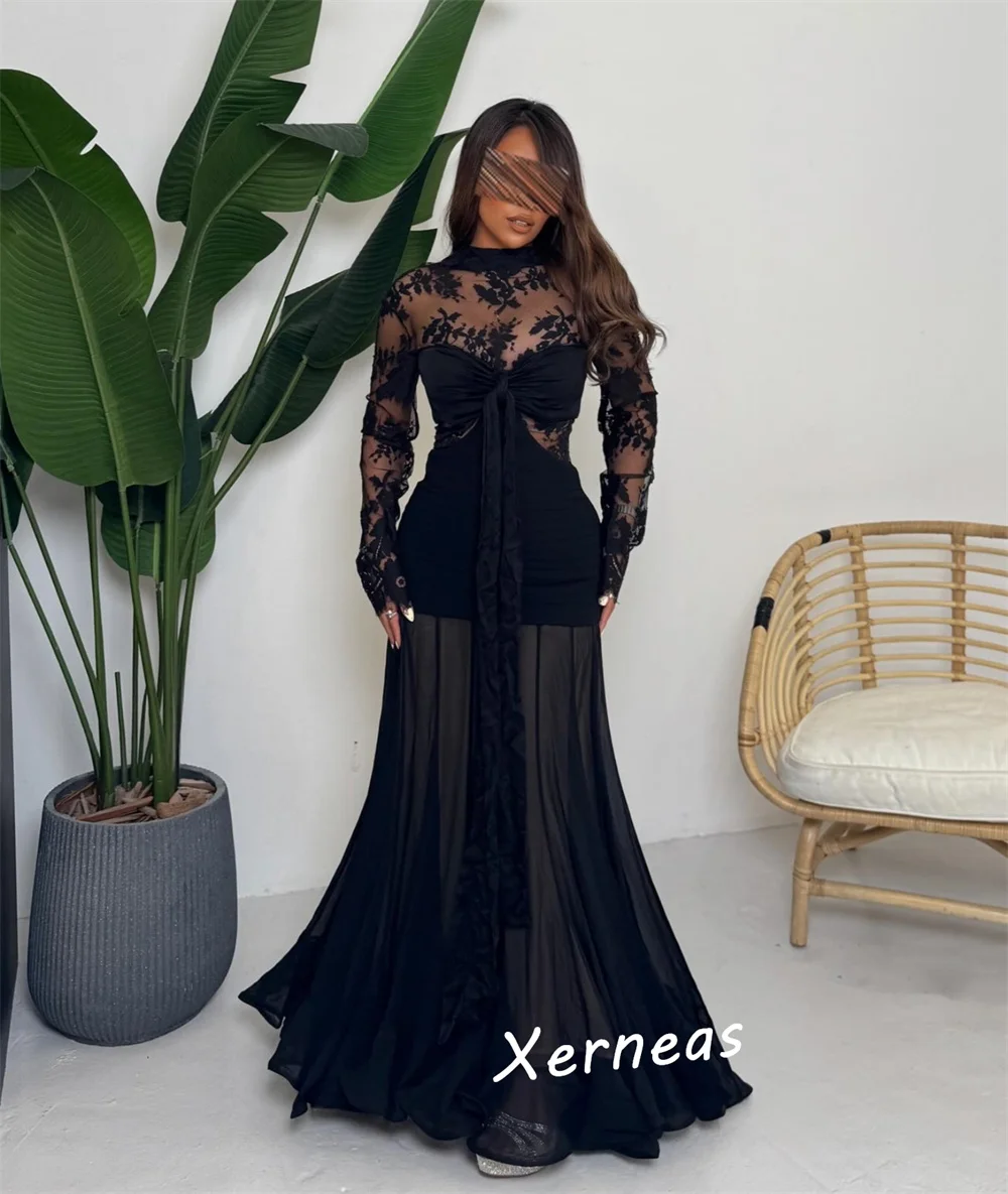 Customized Net Ruched Bow High Collar Trumpet Long Dresses Bespoke Occasion Prom Classic Exquisite Party Gown Lace Charming