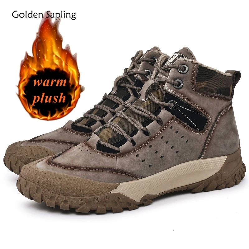 

Golden Sapling Size 38-44 Outdoor Climbing Boots for Men Winter Warm Thicken Plush Ankle Boot Genuine Leather Male Hiking Shoes