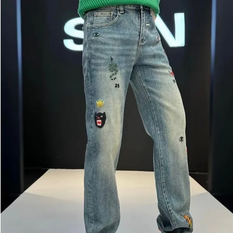 2024 nuovi Jeans elastici a gamba dritta da uomo ricamati personalizzati di alta qualità