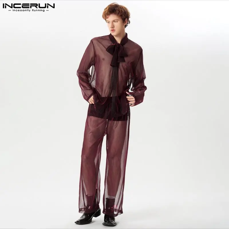 2024 Männer setzt Mesh sexy lose V-Ausschnitt Langarmhemd & Hose 2 Stück Streetwear transparente Mode Herren Freizeit anzüge Incerun