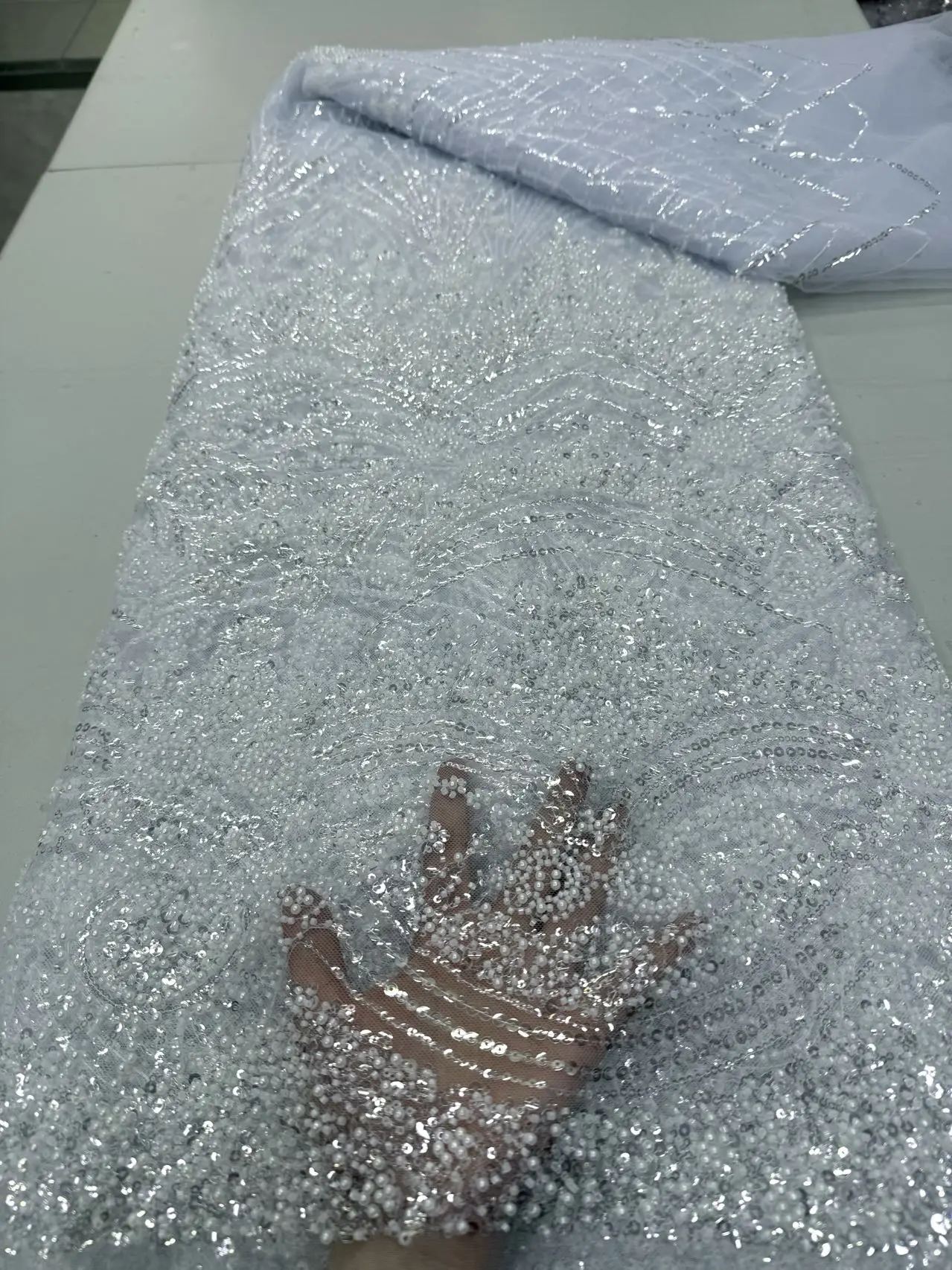 

Высококачественная африканская нигерийская тюлевая кружевная ткань с пайетками для выпускных платьев, вышивка бисером, сетчатая ткань для шитья, 5 ярдов, JY510