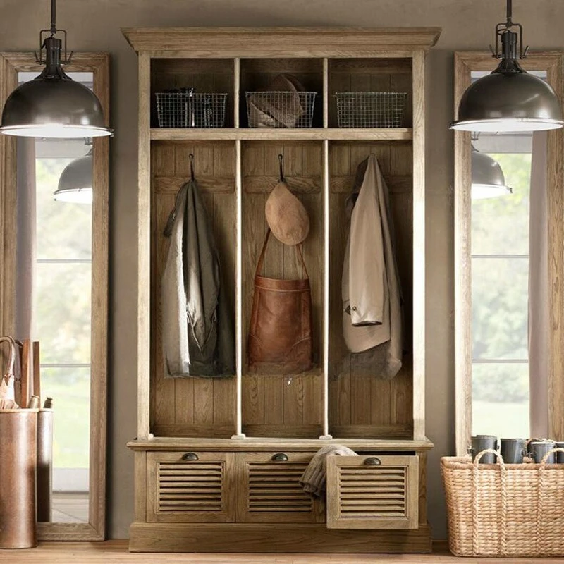 American rural solid wood foyer cabinet, multi-functional coat cabinet, storage and shoe changing cabinet
