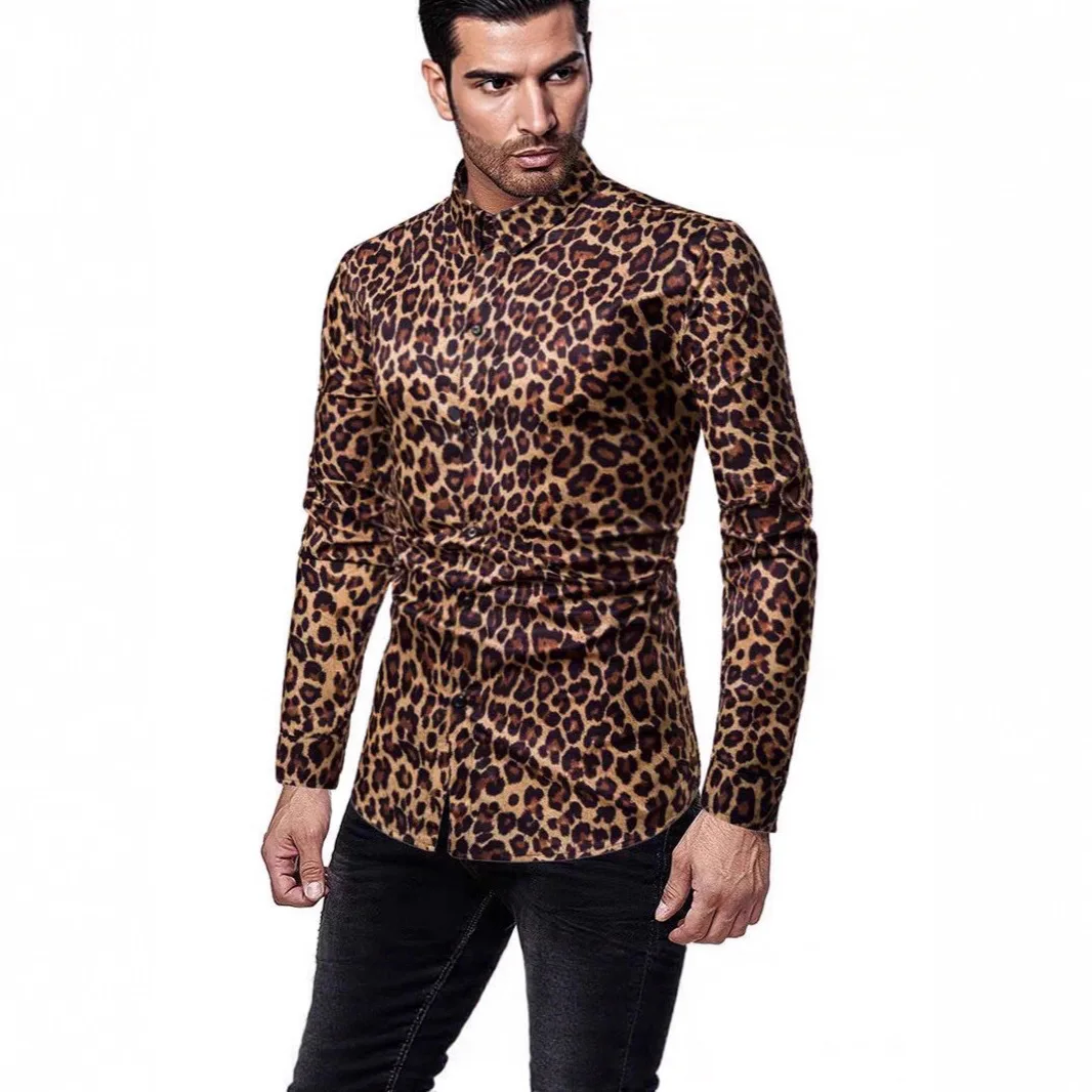European American Vintage Men's Leopard Casual Loose Simple Basic Trendy Turn-down Collar Long Sleeve Non-iron Shirts Male Tops