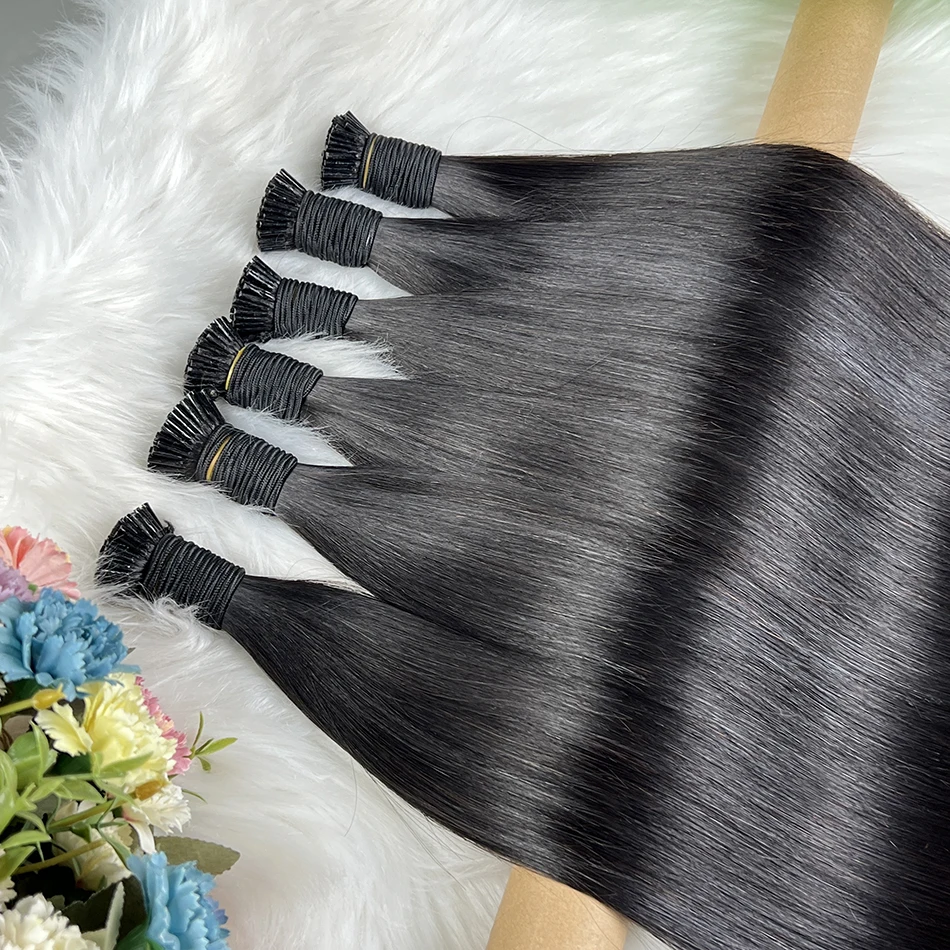 Straight I-Tip Hair Extensions 100% Vietnamese Human Hair Ponytail Genius Weft #1B Natural Black Color 100grams/pack 100 Strands