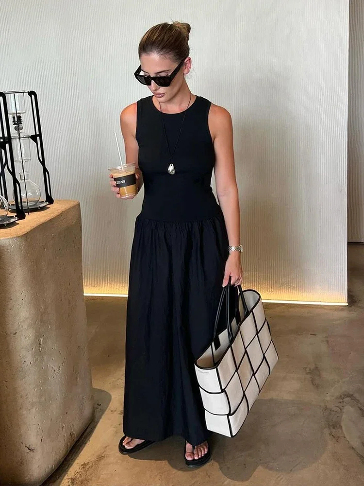 Women Fashion Knitted Patchwork Solid Long Dress Elegant Round Neck Sleeveless Loose Hem Maxi Dresses Summer Lady Commuting Wear