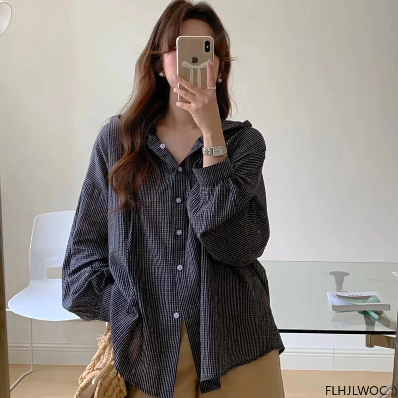 Oversize Loose Women Cute Tops Preppy Style Vintage Japan Korea Design Single Breasted Button Elegant Blue Plaid Shirts Blouses