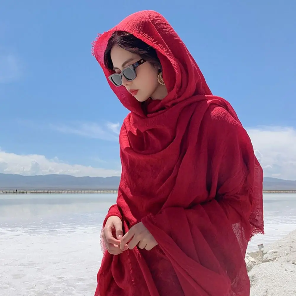 وشاح نسائي طويل من النبيذ الأحمر ، شال من قماش الكتان ، أوشحة طويلة ، أغطية ، وشاح للشاطئ في الهواء الطلق ، أزياء السفر على شاطئ البحر