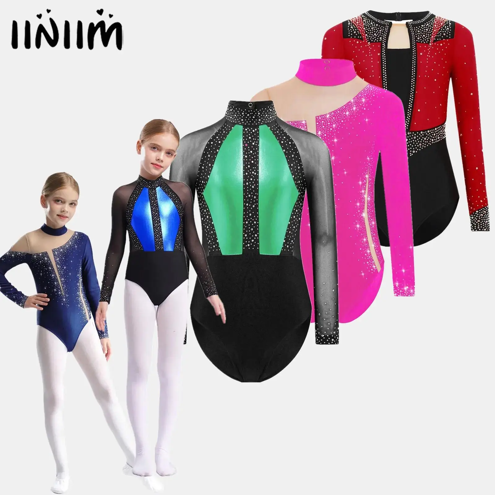 

Girls Ballet Leotards Gymnastics Artistic Figure Skating Dance Costume Kids Shiny Rhinestones Ballet Jersey Unitards Bodysuit