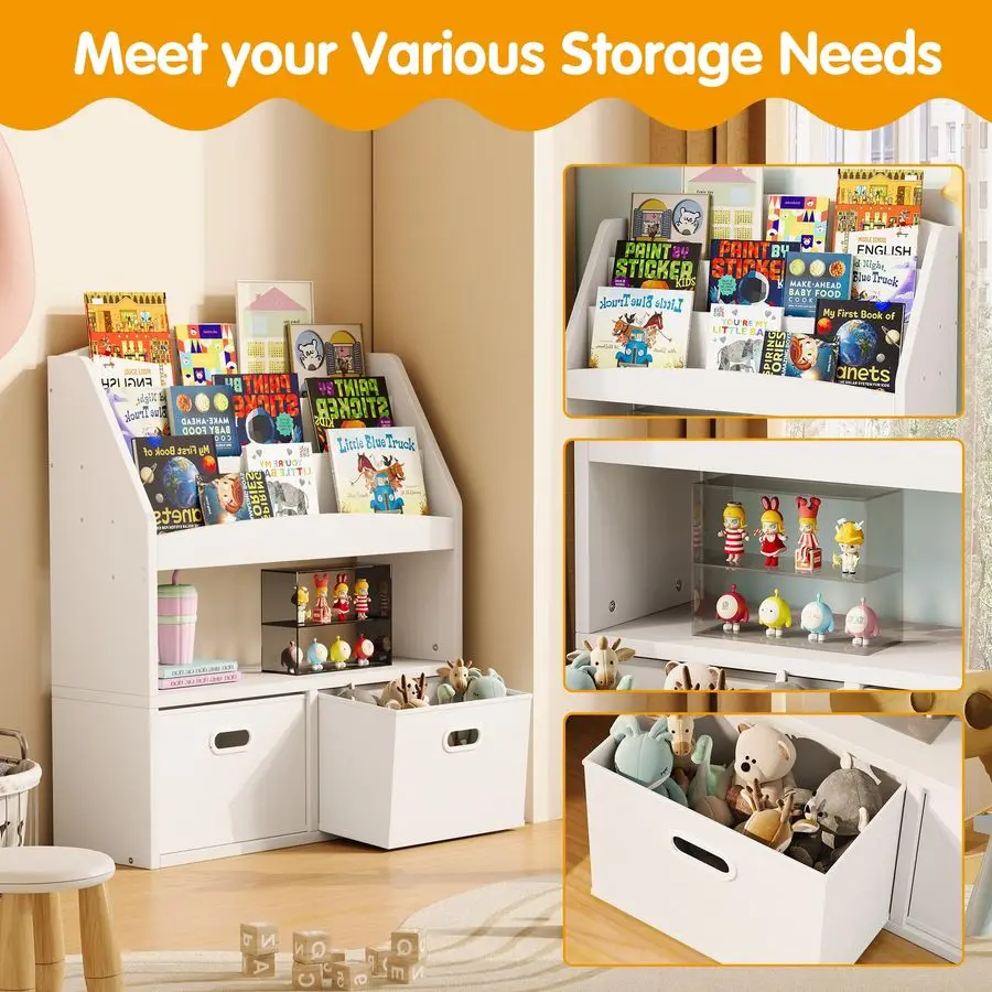 منظم تخزين ألعاب رف كتب للأطفال مع علبتين من القماش، رف كتب للأطفال من 3 طبقات، خزانة كتب للأطفال الصغار، غرفة الأطفال