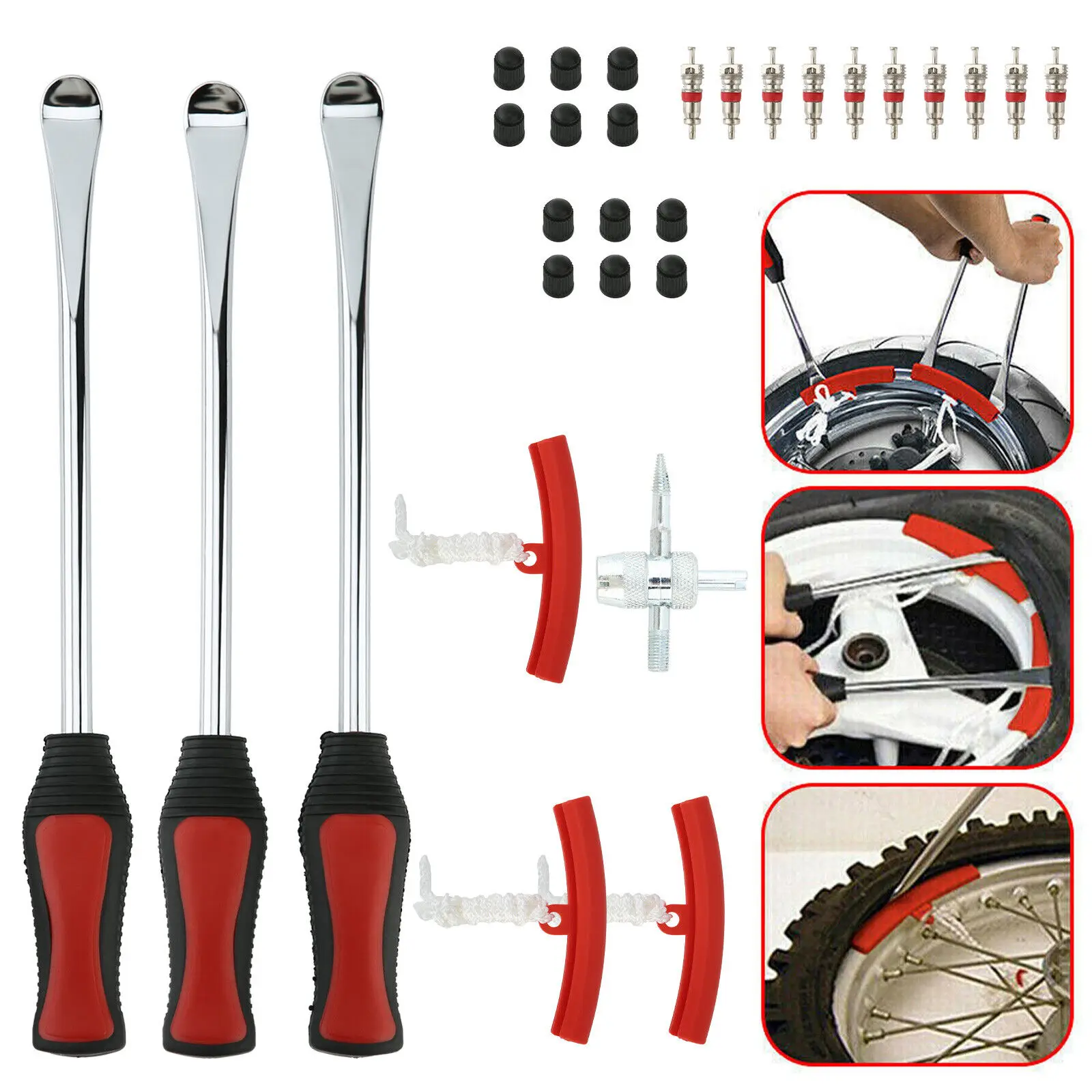 Set di 29 leve rosse da 15" per pneumatici con protezioni per cerchioni – Attrezzi per il montaggio di pneumatici per riparazioni di moto, biciclette e auto