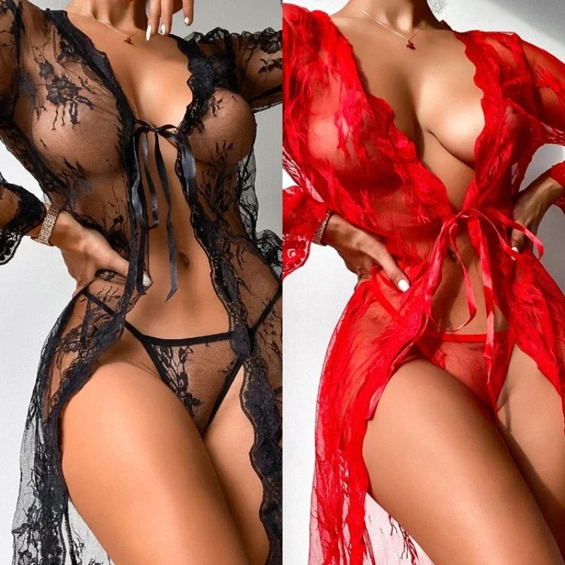 Women Pajama Long Dress Sexy Lingerie Transparent Sexy Teddies Ball Evening Erotic Coats Temptation Robe Underwear Nightdress