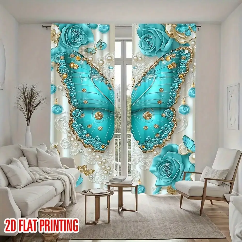 For Small Windows, Kitchens, Bathrooms, Basements, Cabinets, Campers & RVs - 2D Printed Curtains Green Rose Butterfly Design