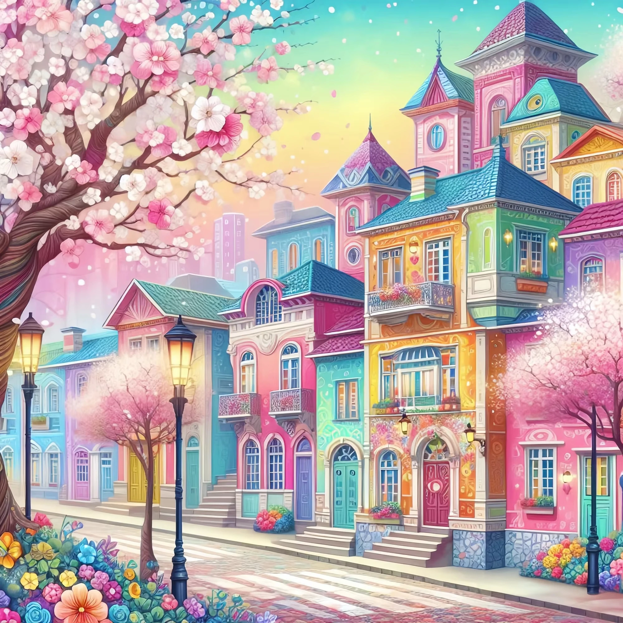 5D DIY Diamant-Mosaik Haus und Straße Komplettset, Rosa Landschaft, Neue Stickerei, Vollständiges Design, Geschenke für Frauen