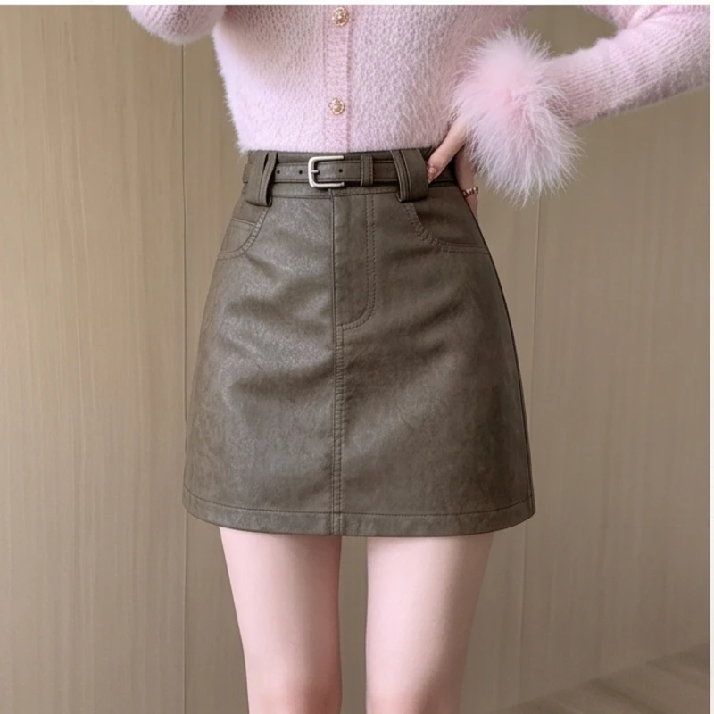 Brown Retro High Waist  Skirt Women's A-Line Short Skirt Fall Season Anti-Light Sexy Girl Bodycon Leather Skirt