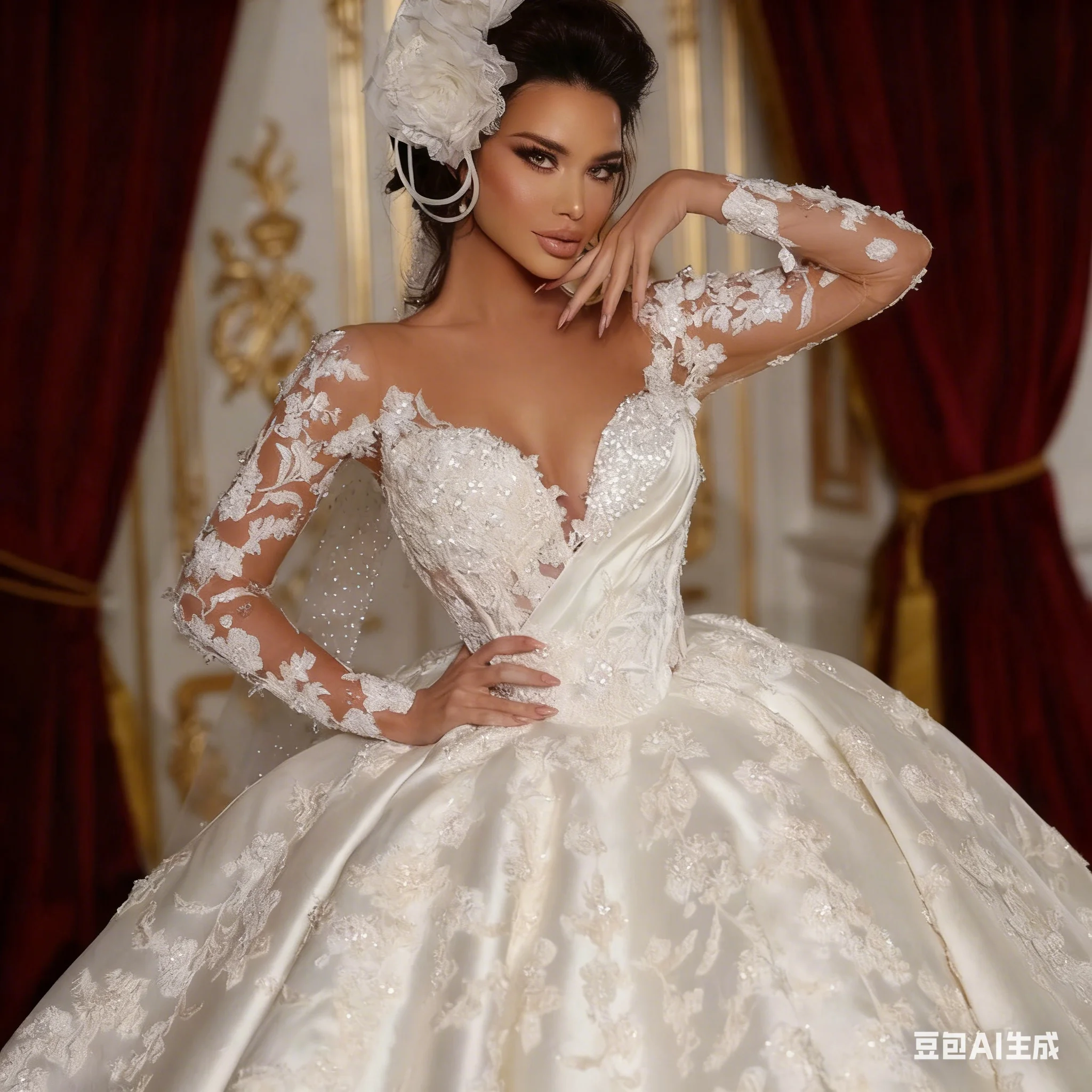 

Customized 2026 Sexy Perspective Long Sleeved Beaded Ball Dress Exquisite Embroidery Courtyard Skirt Matte Satin Wedding Dress