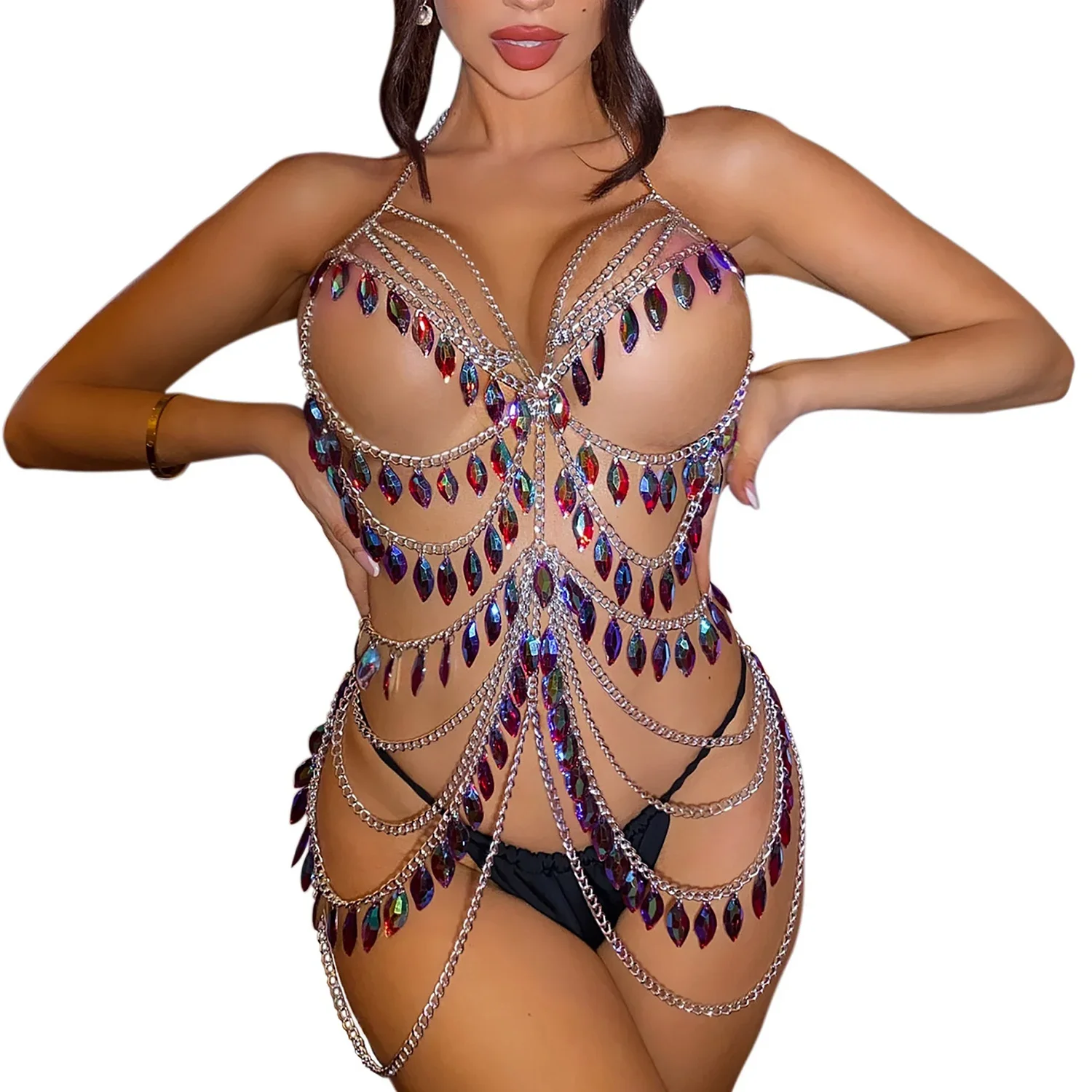 Sexy Metal Tassel Bra Chain Body Jewelry Chain Women Beach Bikini Rave Harness Full Body Chian Shiny Crystal Festival Outfits