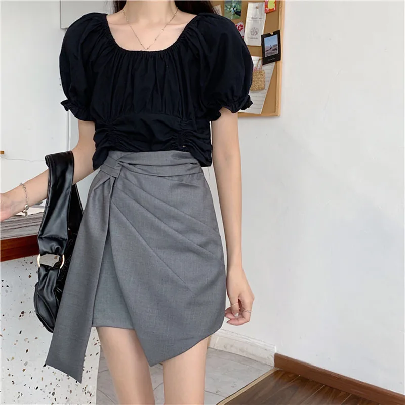 Plaid Irregular Designer Summer Women Skirts Plus Size  Black Gray Pleated Skirts Female High Waist Knot Vintage Mini Skirts