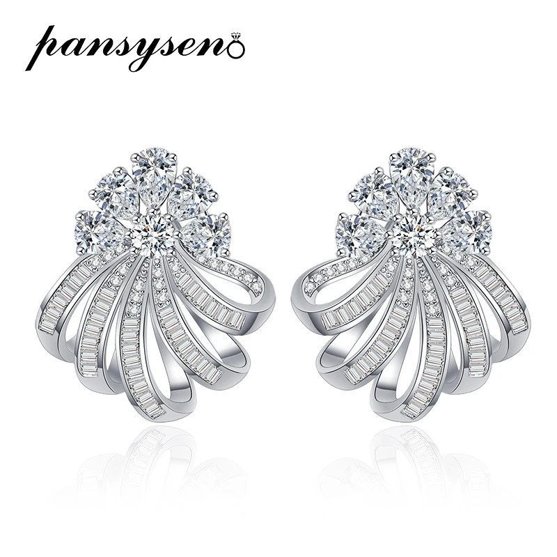

PANSYSEN New Classic Pure Silver 925 Jewelry Sparkling Flower High Carbon Diamond Gemstone Stud Earrings for Women Wedding Gift
