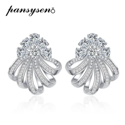 PANSYSEN New Classic Pure Silver 925 Jewelry Sparkling Flower High Carbon Diamond Gemstone Stud Earrings for Women Wedding Gift