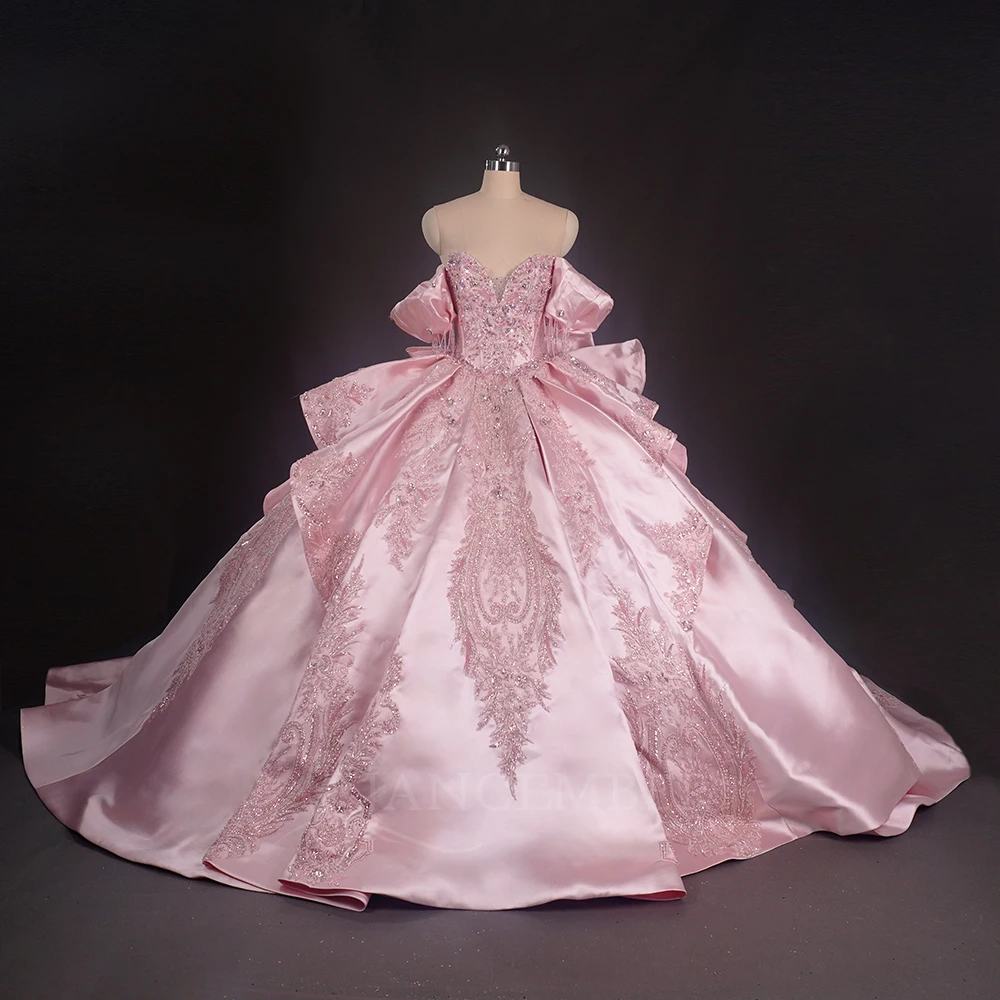 Requintado brilhante rosa quinceanera vestidos de casamento personalizado vestido de festa frisado fora do ombro vestido de baile vestidos de 15 años