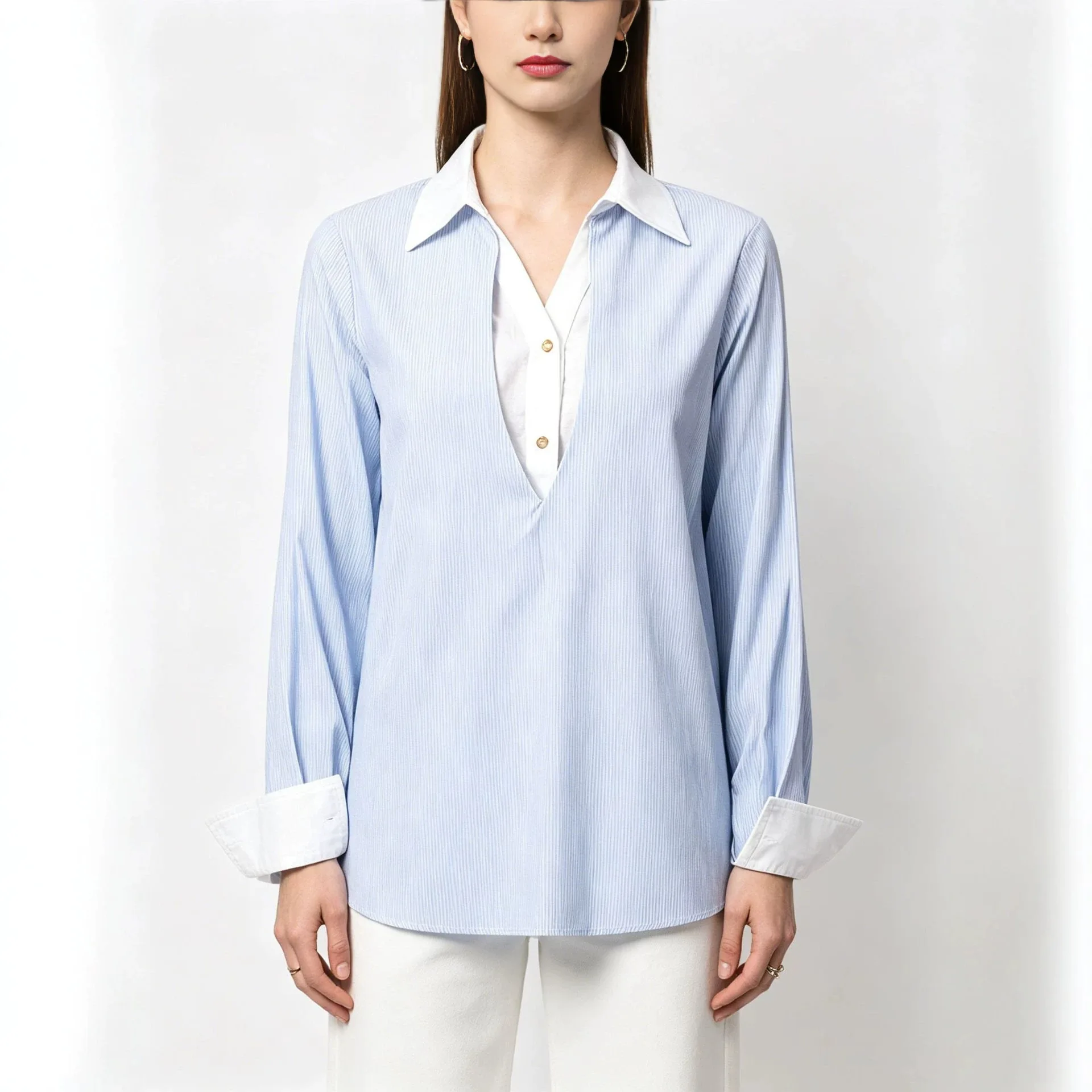 

SuperAen French Style Lightweight Blue and White Stripe Patchwork Shirt Women Polo Neck Long Sleeves Design Shirts