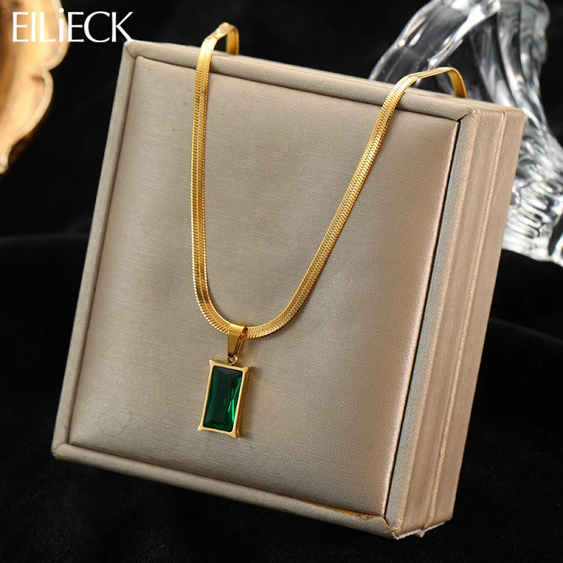 EILIECK 316L Stainless Steel Green Crystal Zircon Necklaces For Women Simple Style Gold Color Jewelry Fashion Pendants Chains