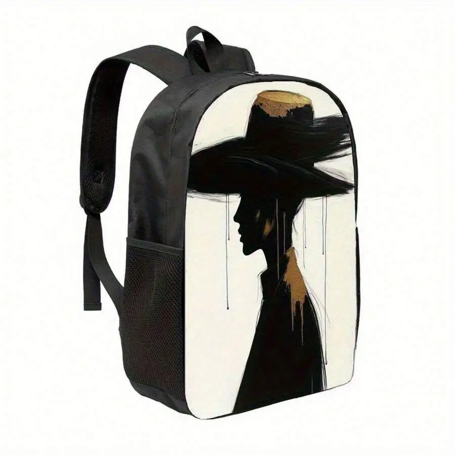 

Stylish Lightweight Polyester Backpack With Artistic Print - Adjustable Straps, Zipper Closure, Black White Design