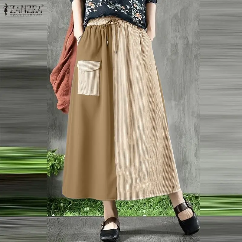 ZANZEA Vintage femmes Jupes longues automne taille haute décontractée taille élastique Midi Jupes Faldas Saia ample rayé Patchwork bas