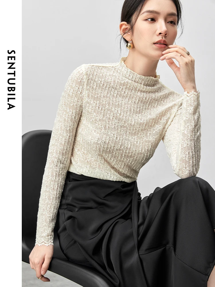 

SENTUBILA женская футболка с длинным рукавом, осень 2022, кружевной пуловер с полувысоким вырезом и блестками, топы, повседневные элегантные модные футболки 143S55882