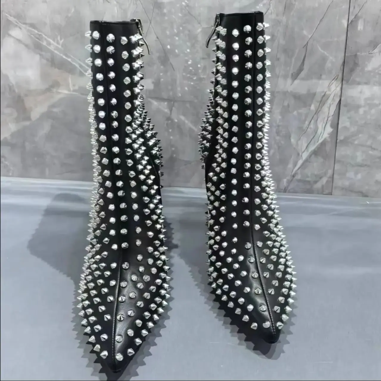 

New Metal Rivets Full Of Black Leather Mid-Calf Boots For Women Pointed Toe Back Zipper Botas Femininas 10cm Stiletto High Heels