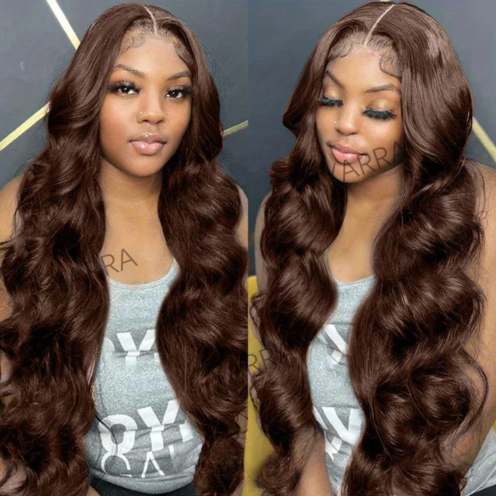 13x6 Chocolate Brown Body Wave Lace Front Wig Transparent Lace Frontal Wig Human Hair Preplucked Colored Human Hair Wigs 180%