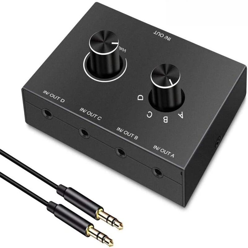 4 Way 3.5mm Stereo Audio Switch Selector 4 Input 1 Output AUX Speaker Headphone Splitter Adapter with Volume Control