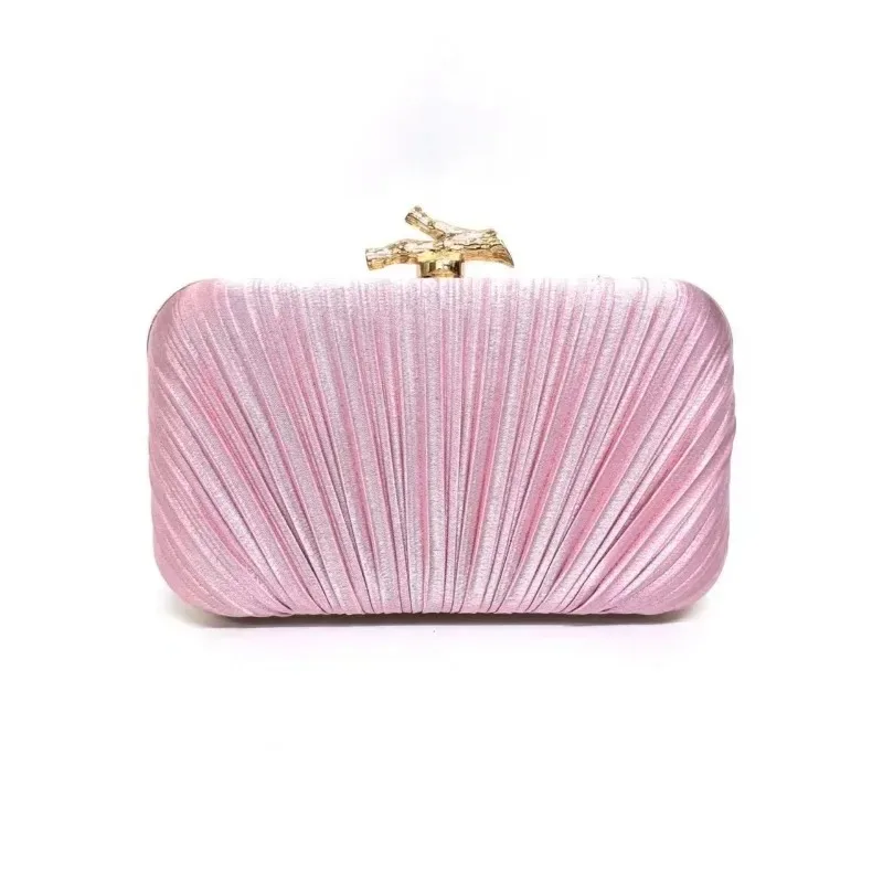 Elegant Lilac Shimmer Pleated Satin Clutch Purse, Gold Branch Bird Lock Hard Evening Bag for Bridal Wedding Cocktail Gala Party view 4