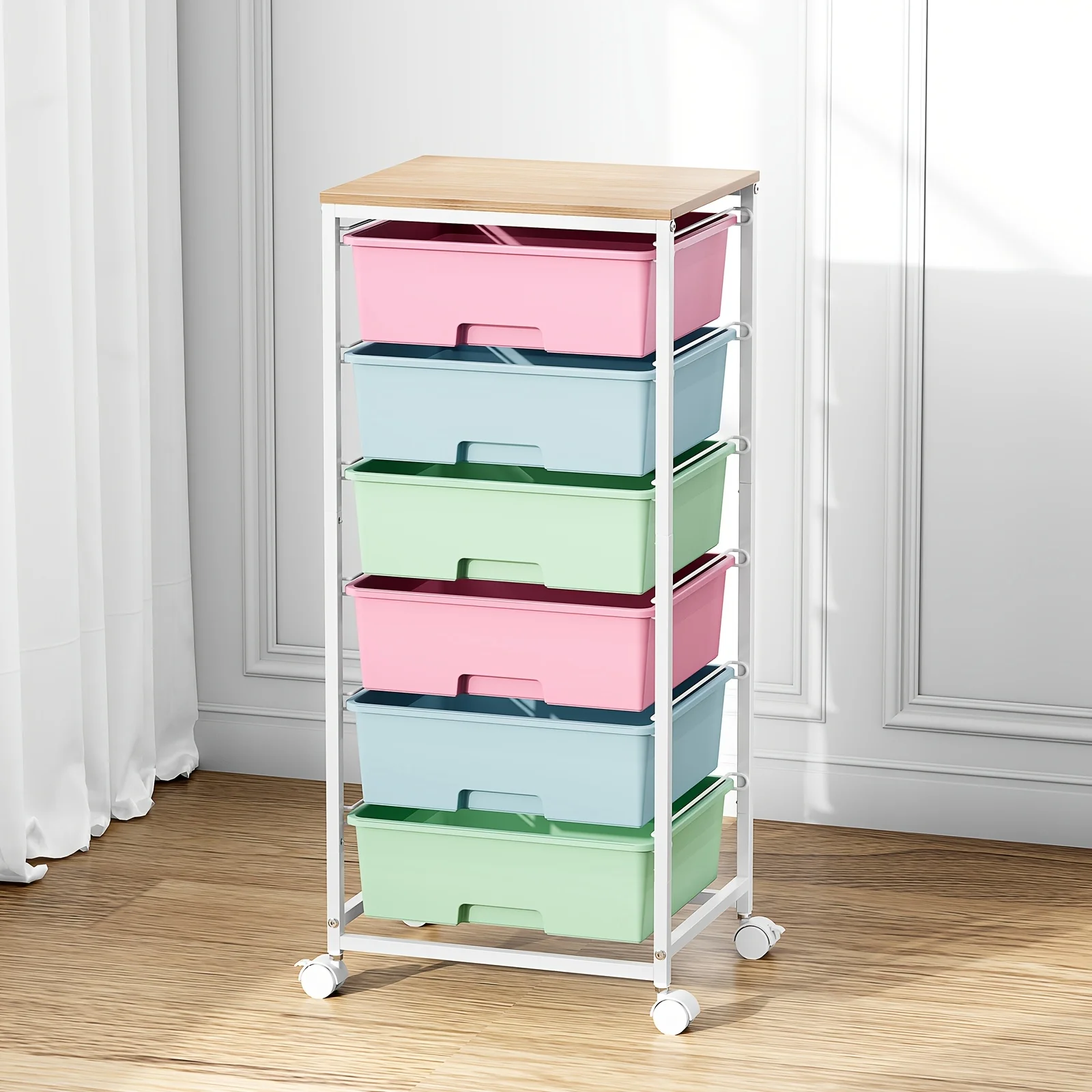 

Rolling Storage Cart with Drawers, Utility Cart with 6 Drawers And Tabletop, Craft Storage Cart with Lockable Wheels for Bedroom