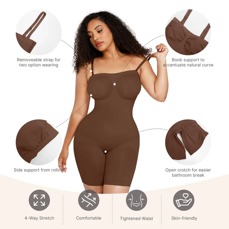 Women Seamless Strapless Shapewear Breast Support Slimming tummy Butt Lifting Full bodysuit With Removable Shoulder Straps