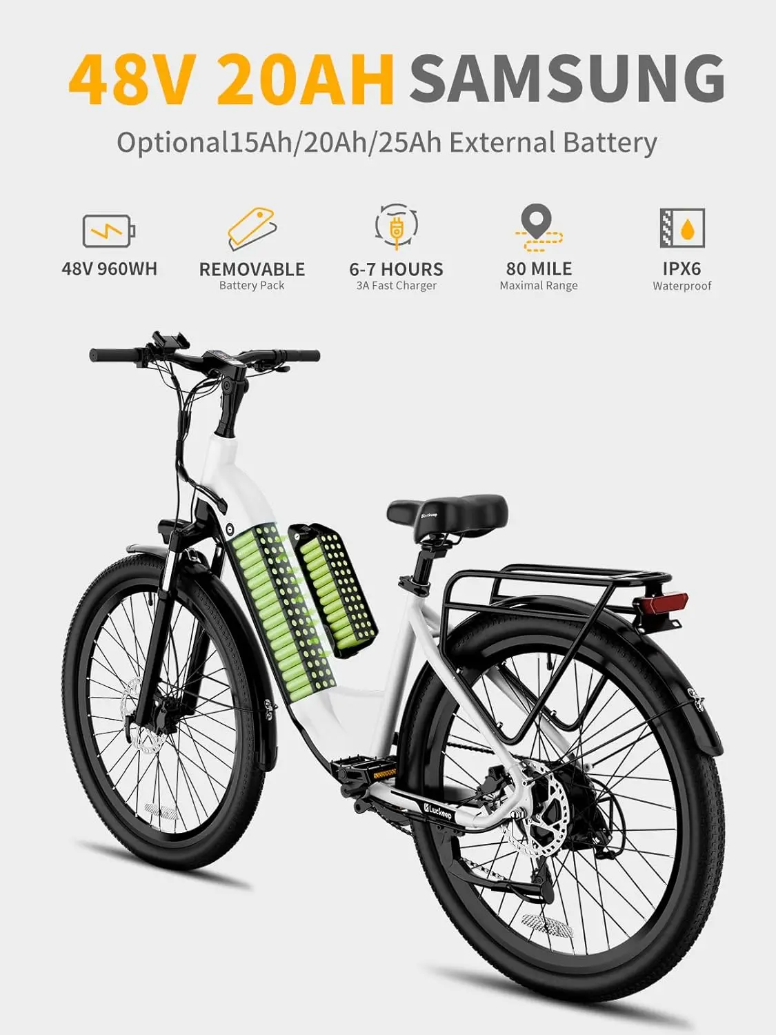 Luckeep X2 [Sensore di coppia] Bici elettrica per adulti Picco 1200 W, 28 MPH 80 miglia, 20 Ah, 26'' * 3.0'' Step-Thru Ebikes Freno idraulico