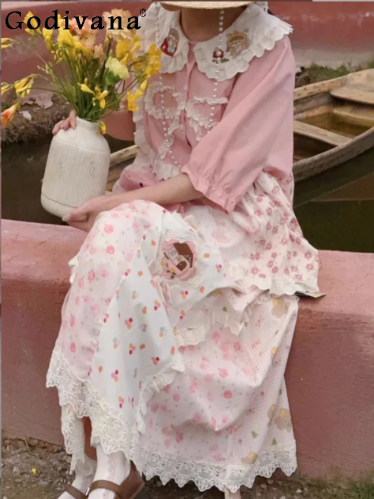 

Sweet Girl Peter Pan Collar Short Sleeve Loose Floral Shirt Spring Summer Cute Girl Elastic Waist Age Reducing Lolita Skirts