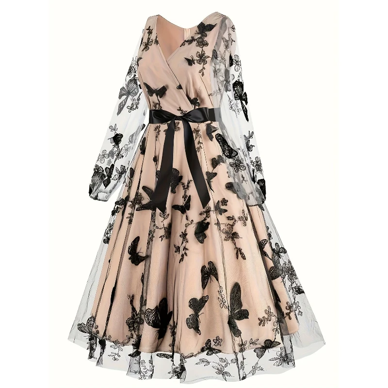Women's Summer Butterfly Embroidery Long-Sleeved Boho Dress Spring Autumn Floral Robe Retro Casual Vintage Maxi Dresses Vestidos 4