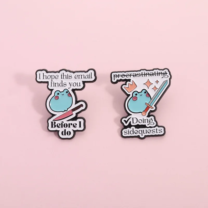 Cartoon Cuddly Frog Brooch with Sword Star Elements Envelope Shape Cute Pin Funny Slogan Badge