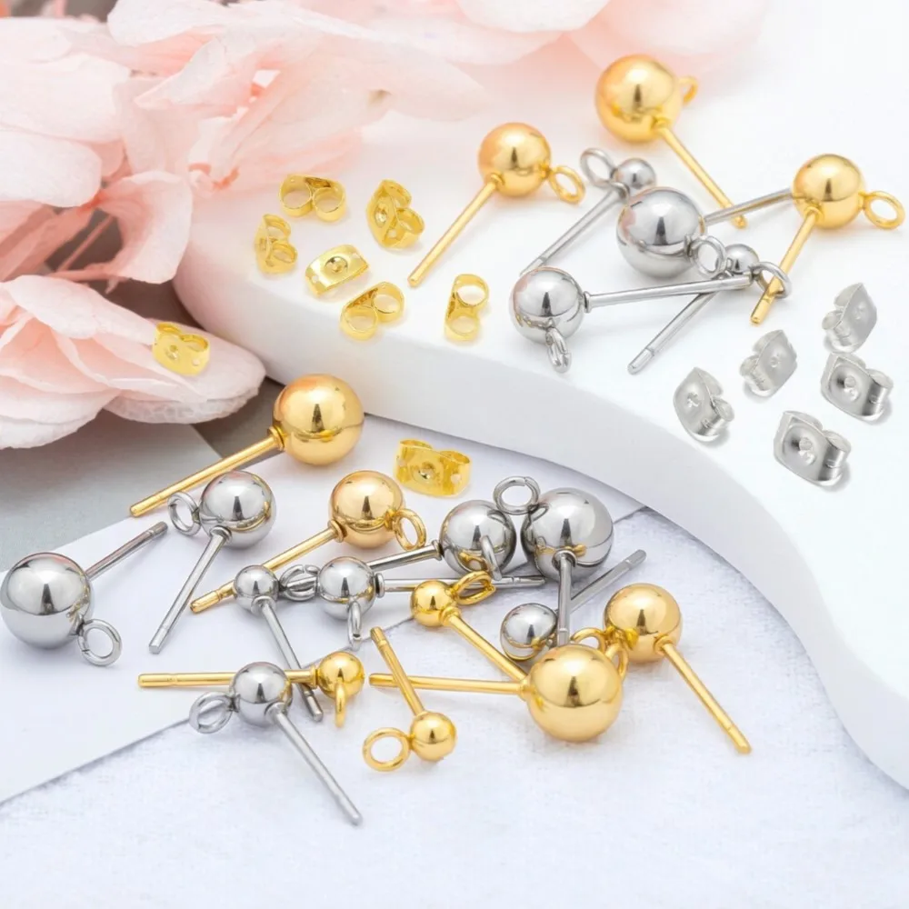 100pcs/20pcs/2pcs Stainless Steel Round Ball Ear Post Studs Ear Plug Open Rings Gold Color Earrings DIY Jewelry Making Wholesale