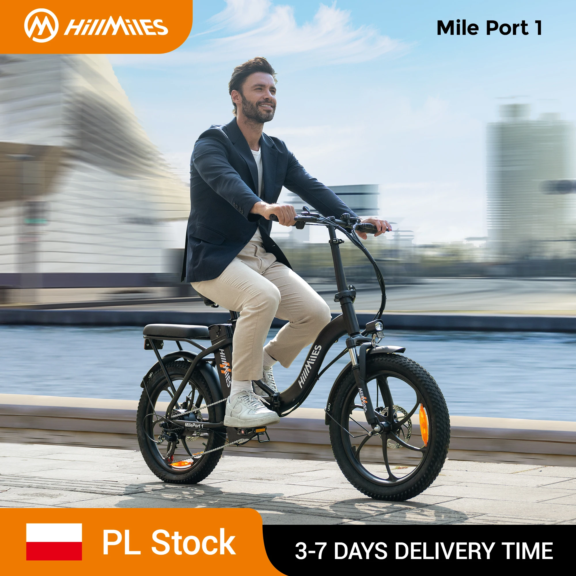 HillMiles MilePort Folding Electric Bicycle, 20 "* 3.0" Fat Tire E-bike, 250W Motor, 36V 13Ah Battery, 120 km Range, 25 km/h, 7-Speed Gears, disc Brakes, Electric Bike for Urban & Off-Road Riding, Shipped from Poland